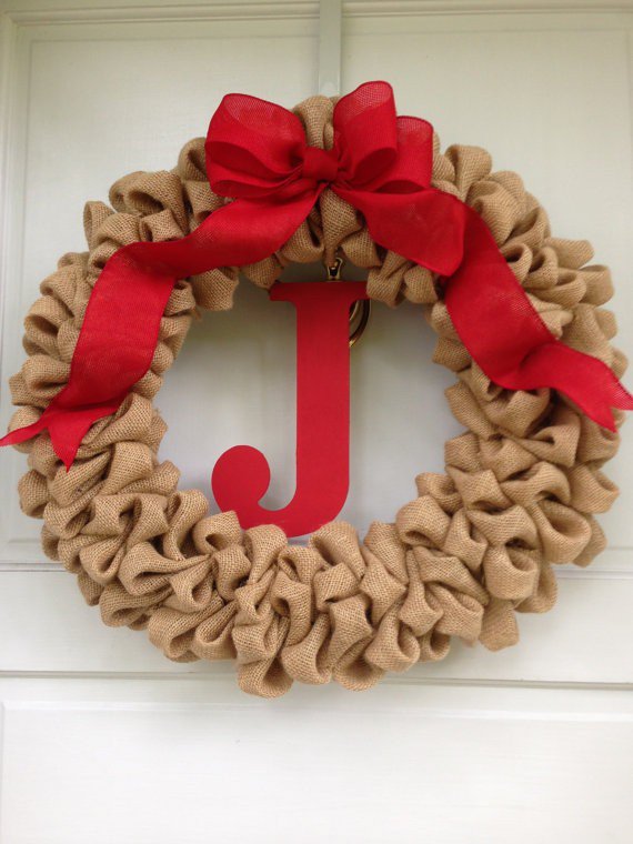 christmas burlap wreath brown red ribbons bow christmas decor ideas